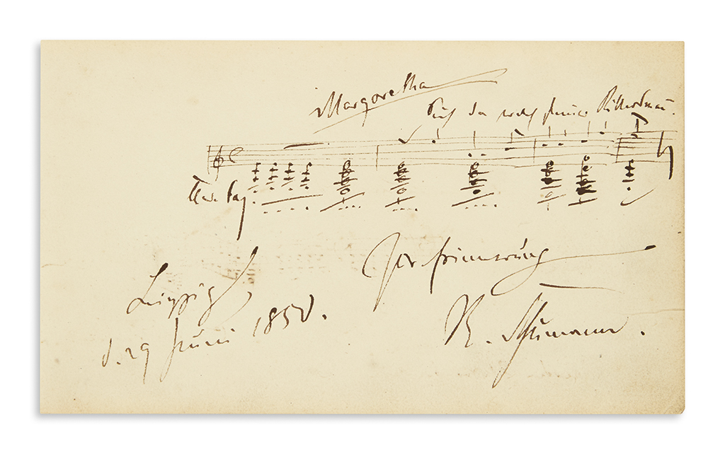 SCHUMANN, ROBERT. Autograph Musical Quotation dated and Signed, R. Schumann, 4 bars from the first act of his Genoveva (Op. 81),
